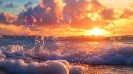 Bubbles float in the air against a backdrop of an orange sunset over the ocean.