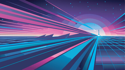 Wall Mural - A vivid futuristic landscape with a blue highway and purple grid lines leading to a city tower. Solar rays in red, pink, and purple add to the sci-fi feel, 