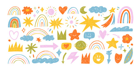 Fototapete - Naive playful abstract doodle shapes sticker pack in childish style. Colored crayon drawn funky figures.