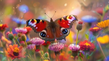 A vibrant peacock butterfly gracefully landing on colorful flowers