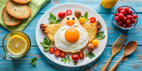 Hen-shaped fried egg with crispy edges on a plate surrounded by colorful breakfast items , breakfast, art, food, eggs