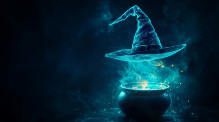 Wall Mural - glowing witch hat floats above cauldron, surrounded by mystical blue smoke and sparks, creating ench