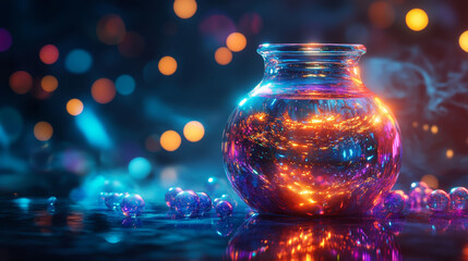 Wall Mural - glowing potion jar filled with colorful liquid and magical bubbles, surrounded by shimmering orbs, c