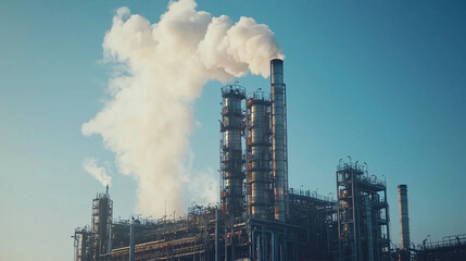 A large industrial plant with a large stack of smoke coming out of it