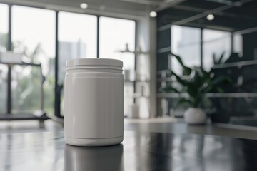 Sticker - Protein jar mockup indoors cookware bottle.