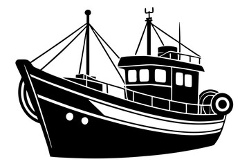 Fishing boat silhouette vector illustration on white background.