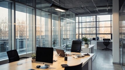 bright contemporary office interior, with panoramic windows and lighting spread evenly throughout the room