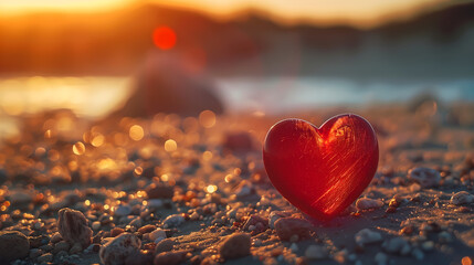 Close-Up of Red Heart-Shaped Object on Beach at Sunset, Bathed in Warm Sunlight with Gentle Waves and Pebbles, Evoking Love and Warmth in a Serene Seaside Atmosphere.