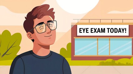 Smiling man with glasses outside eye clinic. Modern cartoon style. Vision care concept. Eye clinic promotion. For banner, poster, flyer.