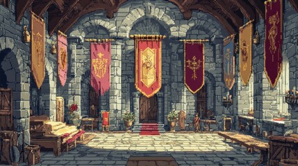 A pixel art depiction of a medieval hall with banners hanging on the walls.