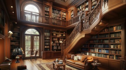 Wall Mural - A Luxurious Library with a Winding Staircase and Extensive Bookshelves