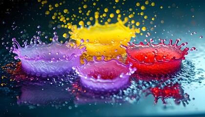 Wall Mural - Vibrant water splashes in purple, yellow, and red forming a fresh pattern with a frosty effect captured through a wide lens