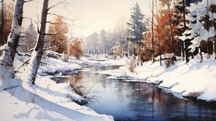 Watercolor of a snowy Christmas landscape