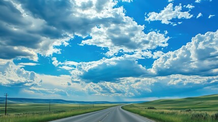 A long road with a clear blue sky and a few clouds