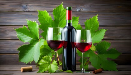 Elegant red wine with lush green leaf accentuating the rich hues of the glass and bottle