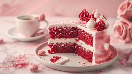 Photo of red velvet cake with white and pink layers on the table