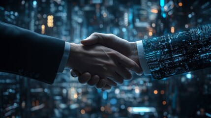 Business, agreement and handshake in closeup with futuristic background, welcome or thank you for meeting. Partnership, deal or contact with b2b opportunity for or teamwork