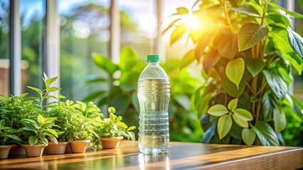 Water bottle placed in a bright room, surrounded by lush green plants and filled with warm sunlight