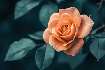 Wall Mural - A single orange rose is the main focus of the image, with its petals