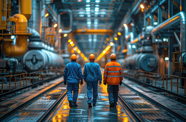 Three workers wearing safety helmets walking through a brightly lit factory, symbolizing teamwork, industry, and safety in manufacturing.