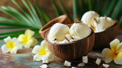 Sticker - Coconut ice cream in a coconut shell with fresh coconut pieces and tropical flowers.