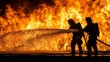 © Elmin - Two firefighters are battling a huge fire. One firefighter holds a hose, trying to put out the flames.