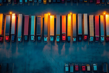 Wall Mural - organized logistic truck fleet at distribution hub during sunrise