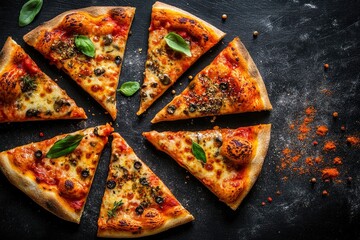 Slices of pizza with spices on black background with generative ai