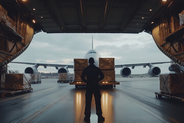 Wall Mural - Air Cargo Plane Efficient Loading with Team Coordination at Freight Terminal  