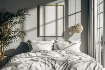 Wall Mural - Serene Bedroom Interior with Sunlight Casting Shadows on a Cozy White Bed