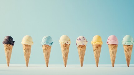 Wall Mural - Colorful ice cream cones in a row against a blue background.