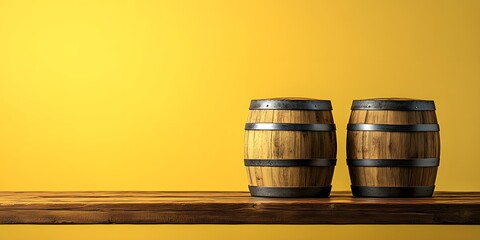 Two beer barrels on wooden table with yellow background
