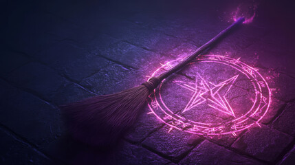 glowing broomstick hovers over mystical spell circle, casting enchanting light on dark stone floor. atmosphere is filled with magic and mystery