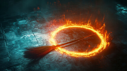 Wall Mural - glowing broomstick hovers over fiery spell circle, creating magical atmosphere. vibrant flames illum