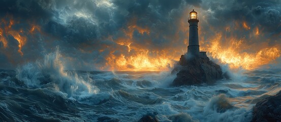 Remote Lighthouse Amidst Dramatic Ocean Storm