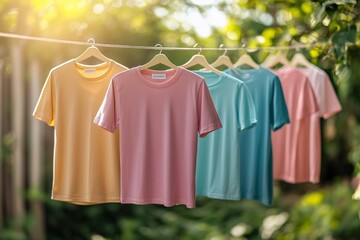 Clean colorful t-shirts hanging on washing line in the garden outdoors