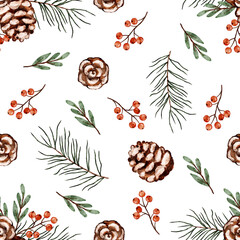 Christmas winter seamless pattern pinecones and holly berry, botanical new year design