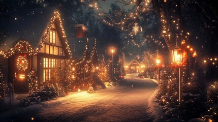 A snowy village street adorned with twinkling holiday lights, cheerful wreaths, and warmly lit windows.