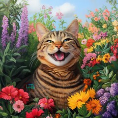 Wall Mural - A cheerful tabby cat sits among vibrant flowers, showcasing a playful smile in a colorful garden scene.