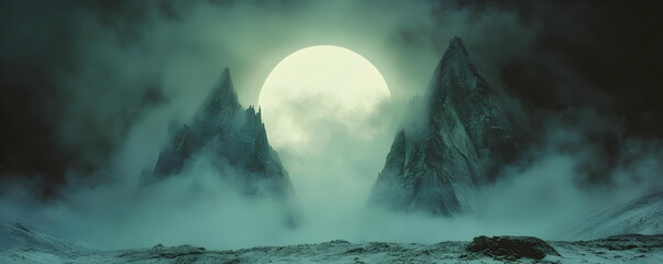 A Mystical Landscape with Two Mountains Rising from Fog and a Full Moon in the Sky