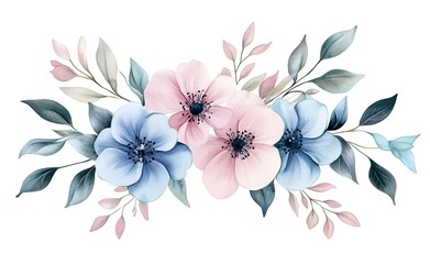 Watercolor floral bouquet with pink, blue, and red flowers on a white background illustration clipart.