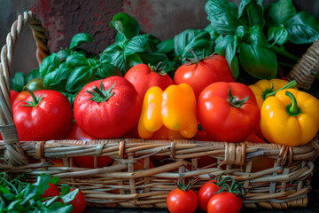 harvest of fresh organic vegetables, tomato, pepper and basil in a wicker basket on a dark background