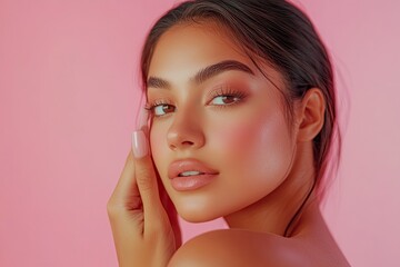 Wall Mural - Stunning Latina woman with radiant skin and soft makeup gently touches her cheek in this close-up portrait against a pink background. with generative ai