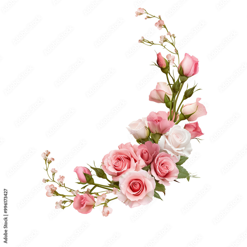 pink rose eustoma and gypsophila flowers in a corner floral arrangement ...