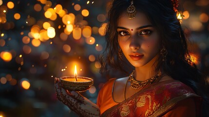 Woman Lighting Diyas During Diwali Festival in India