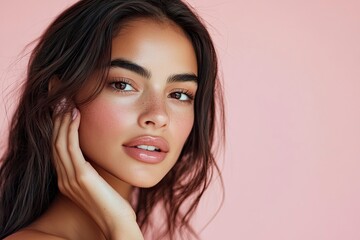 Wall Mural - Stunning Latina woman with radiant skin and soft makeup gently touches her cheek in this close-up portrait against a pink background. with generative ai