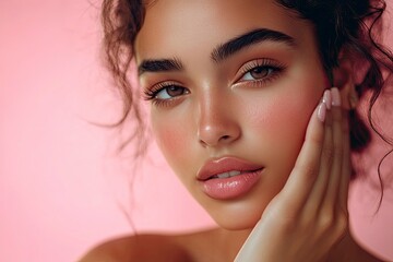 Stunning Latina woman with radiant skin and soft makeup gently touches her cheek in this close-up portrait against a pink background. with generative ai