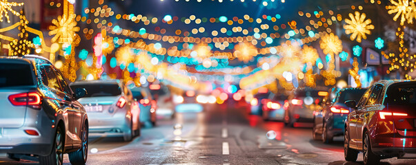 Blurred view of city street with festive lights at night. Abstract defocus background with christmas bokeh lights on streets decorated for christmas in european city in December