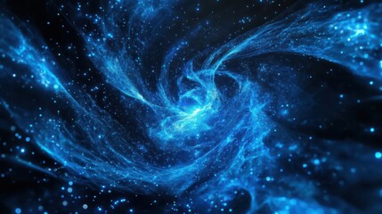 Poster - mesmerizing blue particle effect creating an abstract cosmic background glowing dots and swirling patterns suggest deep space or futuristic technology in a serene ethereal composition