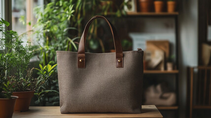 Wall Mural - A brown tote bag with brown leather handles is placed on the table